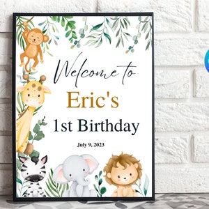 Letrero de bienvenida de cumpleaños de safari editable, póster de cumpleaños salvaje, letrero de bienvenida de animales de la jungla dorado, plantilla imprimible, descarga instantánea