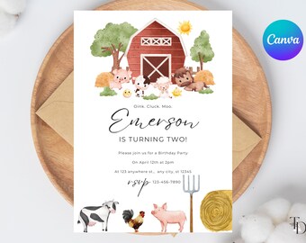 Farm Animals Birthday Invitation Template: Barnyard Party (Digital Download)