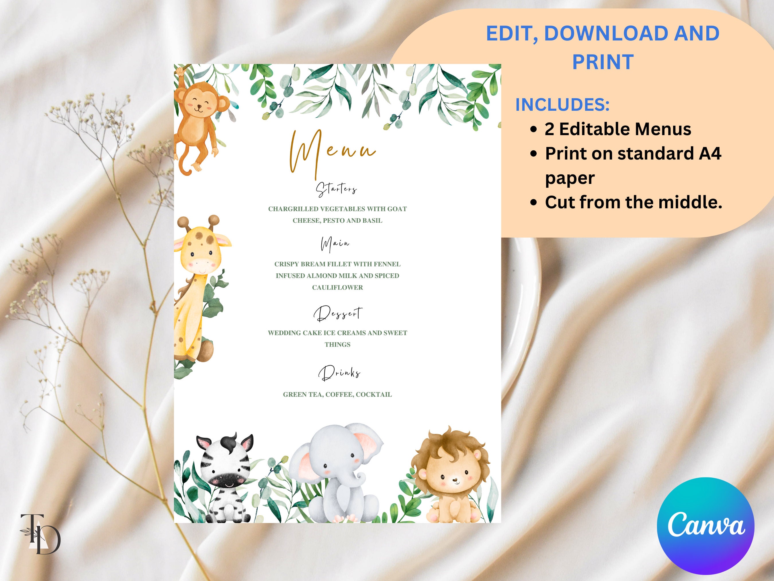 Editable Safari Food Menu Template: Jungle Animals (digital Download ...