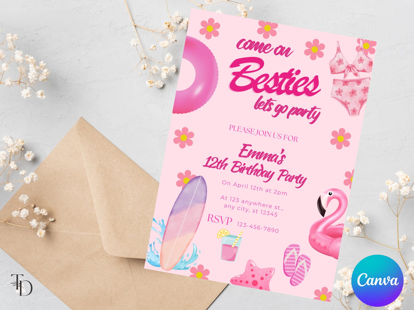 Besties Pool Party Invitation: Hot Pink Birthday (digital Download) - Etsy