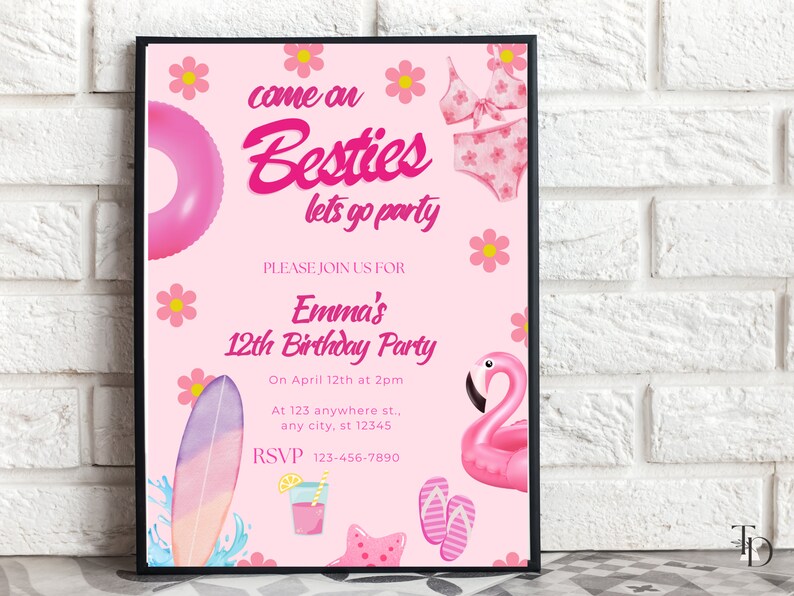 Besties Pool Party Invitation: Hot Pink Birthday (digital Download) - Etsy