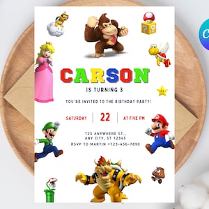 Convite de aniversário editável digital, Super Brothers Evite, editável em Canva para download para impressão, convite infantil para videogame, cartão de agradecimento