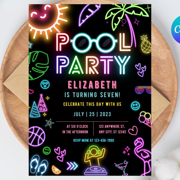 Editable pool party invitation, Glow water park invite, Tropical neon birthday pool party invitation swimming party instant download