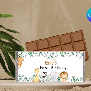 EDITABLE Safari Candy Bar wrapper Chocolate Wrapper, Wild One Birthday, Gold Jungle Animals invitations, Printable template Instant Download