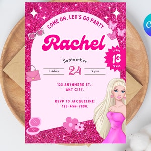 Doll Birthday Party Invitation, Doll Birthday Party, Hot Pink Birthday Party Invitation, Pink Doll Birthday Invitation, Girl birthday party