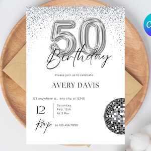 Digital 50th Birthday Invitation, 50 Invite Ecard, Fifty Party Invite For Her, Self Editable Template, Disco Party, Dance party