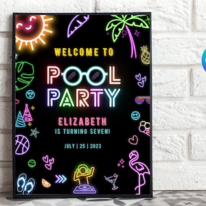 Neon Pool Party-welkomstbord: tropisch verjaardagsdecor (digitale download)