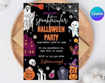 Puede incluir: Una invitación a una fiesta de Halloween negra y morada con una casa encantada, fantasmas y una momia. El texto dice "Join us for a spooktacular Halloween Party" e incluye la fecha, la hora y la información de RSVP.