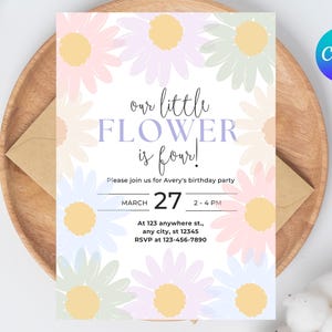Invito di compleanno modificabile con margherite pastello, invito per festa di compleanno con fiori per bambine, margherite colorate, modello di file digitale Canva modificabile