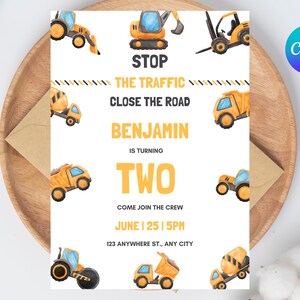 Editable Construction Birthday Invitation Template, Boy Birthday, Printable Birthday Party Invitation, Digital Kids Invite Template/card
