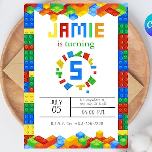 Building Blocks Birthday Invitation, Building Bricks Kids Birthday Party Invite, Printable Editable Canva Template, Editable Invitation
