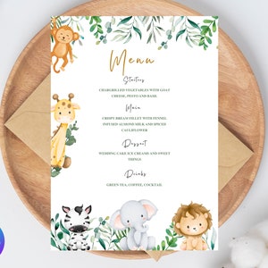 Menu de comida Safari EDITÁVEL, menu de gênero neutro, cartão de menu da selva Rótulos de comida selvagem, modelo de menu de comida download instantâneo