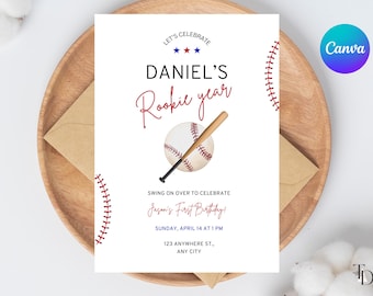 May include: Baseball-themed birthday party invitation with red stitching around the edges. The invitation says "Let's Celebrate Daniel's Rookie Year" with a baseball and bat graphic. The text also says "Swing on over to celebrate Jason's First Birthday!" with the date and time of the party.
