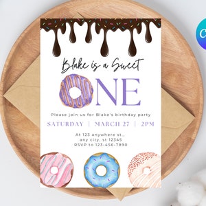 Donut Birthday Invitation Girl, Editable Donut Birthday Invite, Donut Birthday Party, Donut Sweet Celebration, Chocolate birthday card Canva