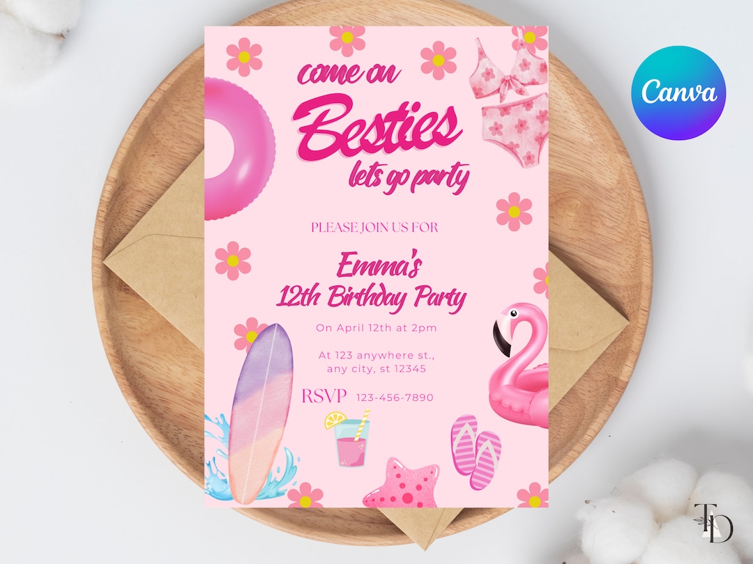 Besties Pool Party Invitation: Hot Pink Birthday (digital Download) - Etsy