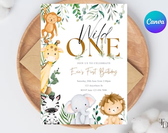 Safari 1st Birthday Invitation: Jungle Animals, Wild One (Printable Template)