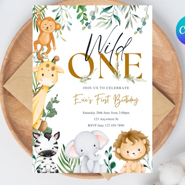 EDITABLE Safari Birthday Invitation, Wild One 1st Birthday Invite, Gold Jungle Animals invitations, Printable template Instant Download