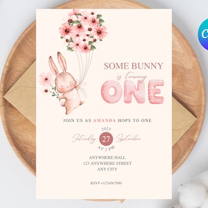Floral Bunny First Birthday Invitation: Girl 1st Birthday (Digital Download)