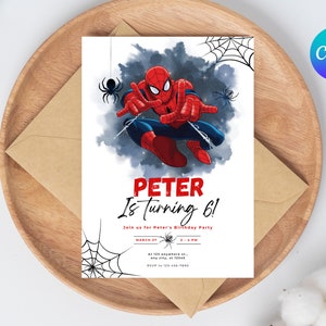 Bearbeitbare Superheld-Geburtstagsfeiereinladungsvorlage, druckbare Einladung zur Geburtstagsfeier, digitale Kinderparty-Einladungsvorlage, Spiderman-Karte