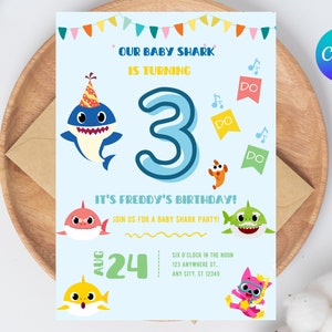 Invito di compleanno squalo blu CANVA modello modificabile stampabile invito download immediato invito di compleanno per bambini