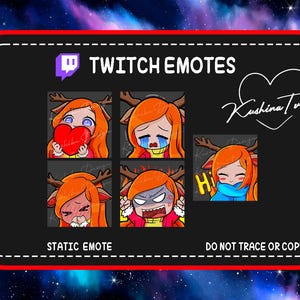 May include: A black graphic with Twitch emotes featuring a cartoon character with orange hair and deer antlers. The emotes display various emotions, including love, sadness, and anger. The text "TWITCH EMOTES" and "Kushina Tv" are also present.