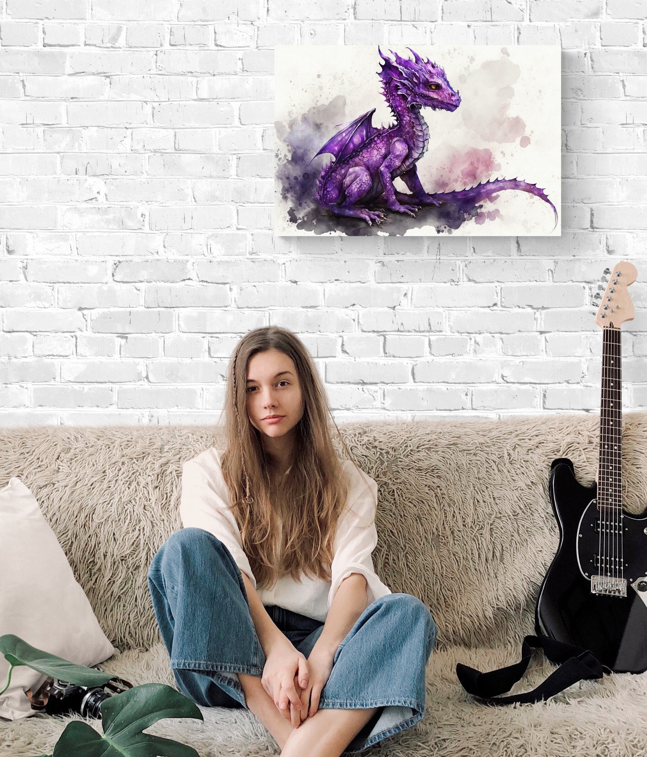 Purple Baby Dragon Watercolor Painting Fantasy Dragon Wall Art Dragon ...