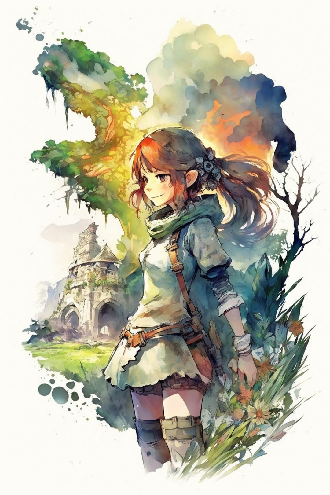 Anime JRPG Watercolor Painting Fantasy Wall Art Anime Prints Original