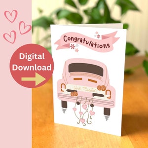 Süße Auto Hochzeitskarte - Digital frisch verheiratete Hochzeit zum Ausdrucken - Boho Vibe Glückwunschkarte - Rosa Auto und Herzen - Sofortige Hochzeitskarte