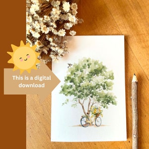 Carte imprimable printemps vélo - carte de correspondance numérique pour elle - vélo vintage sous un arbre - carte vierge pour toutes les occasions