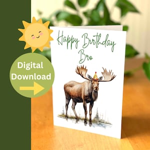 Bruder Geburtstagskarte - Happy Birthday Bro - digitale Geburtstagskarte für Freund - Elch mit Partyhutkarte - süße digitale Karte