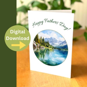 Cartão do Dia dos Pais da Montanha - Feliz Dia dos Pais para impressão - Cartão digital para o pai - Cartão de felicitações da montanha em aquarela - Cartão para imprimir em casa