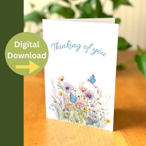 Ik denk aan je digitale kaart - Afdrukbare vlinderkaart - Prachtige Wildflower digitaal - Instant download aquarel bloemenkaart