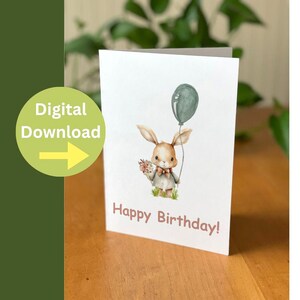 Cute Bunny Birthday Card - Bunny and balloon card- Cute animal Birthday card - digital download file - instant download Birthday card