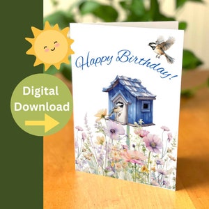 Tarjeta de cumpleaños de jardín digital, Saludo de cumpleaños de pájaro, Tarjeta de descarga instantánea de carboneros en un jardín, Descarga instantánea de cumpleaños