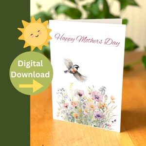 Carte florale de fête des mères - belle carte pour maman - fleurs sauvages et carte mésange - carte de jardin 5 x 7 à téléchargement immédiat - carte pour maman
