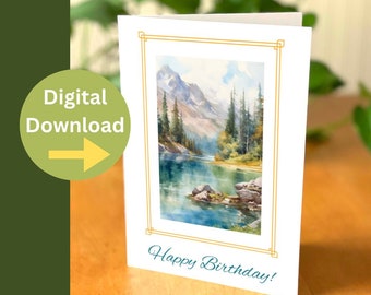 Puede incluir: Una descarga digital de una tarjeta de cumpleaños con una pintura de acuarela de una escena de lago de montaña con un marco dorado y el texto "¡Feliz cumpleaños!"