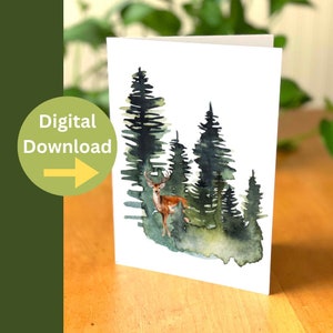 Cartão de felicitações em branco - Cartão digital de floresta e veados - Cartão para impressão de cervos na floresta - Cartão inspirado na natureza - Cartão de notas em branco para impressão