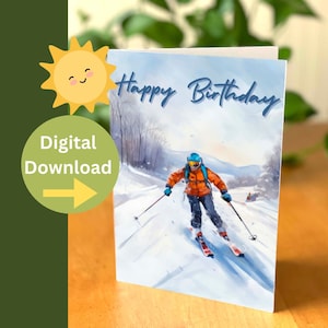 Biglietto d'auguri per lo sci stampabile - Buon compleanno per uno sciatore - Biglietto d'auguri per lo sci in montagna - stampa a casa Biglietto d'auguri per gli sport invernali