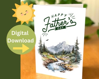 May include: A white card with a green watercolor illustration of a mountain scene with a river flowing through it. The text "Happy Father's Day" is written in green cursive lettering at the top of the card.