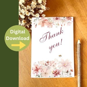 Tarjeta de agradecimiento floral imprimible - Flores silvestres gracias - Tarjeta de jardín digital - Tarjeta de agradecimiento para mamá - Impresión instantánea en la tarjeta de casa