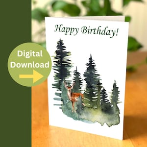 Tarjeta de cumpleaños imprimible en el desierto - Tarjeta de feliz cumpleaños con ciervos y árboles - tarjeta de felicitación del bosque de acuarela - imprimir en casa tarjeta de cumpleaños