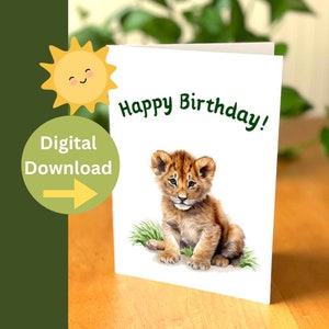 Lion cub Birthday Card - Cute animal birthday card - Digital Lion cub card - Birthday Lion print at home - Instant download