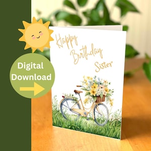Carte d'anniversaire pour soeur - Carte d'anniversaire imprimable avec un vélo - Carte numérique de joyeux anniversaire pour soeur - Carte d'anniversaire imprimable pour soeur