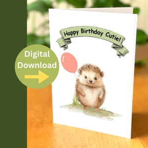 Carte d'anniversaire hérisson - Carte d'anniversaire animal mignon - Jolie carte à téléchargement numérique - Carte d'anniversaire à imprimer à la maison. Carte à téléchargement immédiat