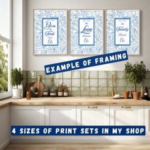 Blue Kitchen Wall art - Bless the food before us -the Love between us -The family beside us - Floral pattern digital art - Dining room art
