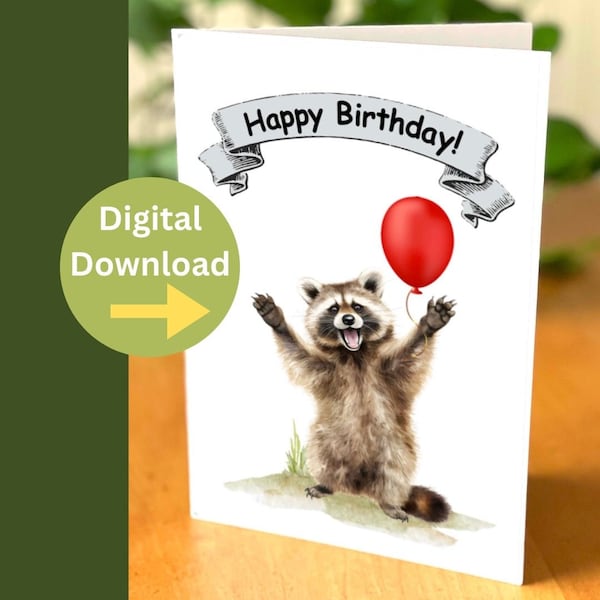 Racoon Birthday Card - Cute digital card - Cute Raccoon holding a balloon - funny Birthday card - print at home card
