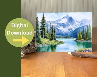 Water color mountain card - Blank printable card - Nature-inspired Water color card - Wilderness Mountain scene horizontal card