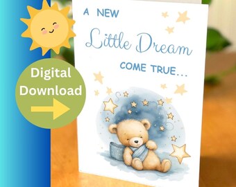 New baby boy Card - Cute Bear congratulations card - printable new baby card - instant download new parents card - Card for baby shower