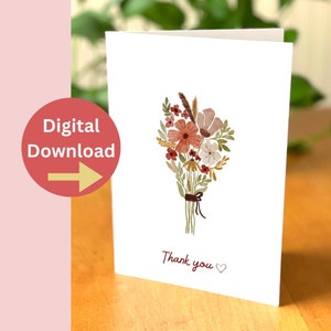 Carte de remerciement imprimable - carte de remerciement floral minimaliste - bouquet de fleurs pour un être cher - carte à imprimer à la maison pour soeur