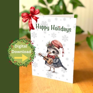 Jolie carte de vœux avec un oiseau - Jolie carte de Noël numérique à imprimer - Oiseau jouant de la guitare imprimable - Carte de Noël à téléchargement immédiat